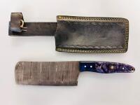 Handmade Damascus Steel Cleaver Knife, Resin & Wood Handle, Leather Sheath, Mosaic Pin