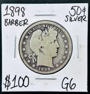 1898 Barber Silver Half Dollar, G6 Grade, Philadelphia Mint, 90% Silver, Charles E. Barber