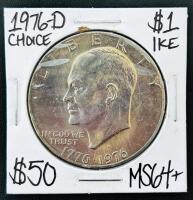 1976-D Eisenhower Bicentennial Dollar, MS64+ Grade, Denver Mint, Liberty Bell/Moon Reverse