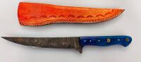 Custom Damascus Steel Fixed-Blade Knife with Blue Composite Handle and Leather Sheath 12.5" Overall Length