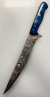 Custom Damascus Steel Fixed-Blade Knife with Blue Composite Handle and Leather Sheath 12.5" Overall Length - 2