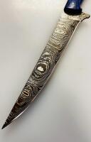 Custom Damascus Steel Fixed-Blade Knife with Blue Composite Handle and Leather Sheath 12.5" Overall Length - 3