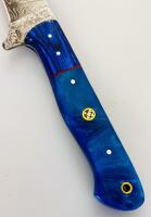 Custom Damascus Steel Fixed-Blade Knife with Blue Composite Handle and Leather Sheath 12.5" Overall Length - 4