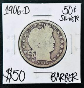 1906-D Barber Half Dollar 50&cent;, Denver Mint, 90% Silver, Circulated U.S. Coin