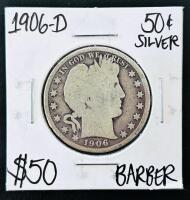 1906-D Barber Half Dollar 50&cent;, Denver Mint, 90% Silver, Circulated U.S. Coin