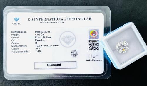 4.00 Ct Round Brilliant Diamond, D Color, VVS1 Clarity, Excellent Cut, GOGTL Certified