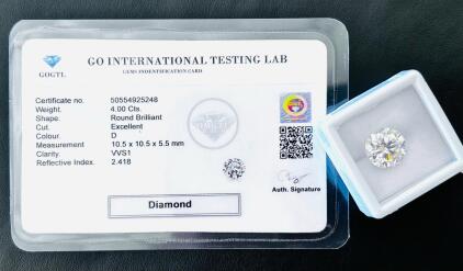 4.00 Ct Round Brilliant Diamond, D Color, VVS1 Clarity, Excellent Cut, GOGTL Certified