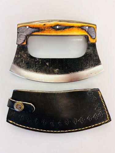 Ulu Knife with 6" Stainless Steel Blade and Wooden Handle, Includes Leather Sheath