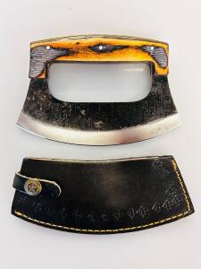 Ulu Knife with 6" Stainless Steel Blade and Wooden Handle, Includes Leather Sheath