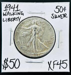 1941 Walking Liberty Half Dollar, 90% Silver, XF45 Extra Fine, 50 Cent US Coin