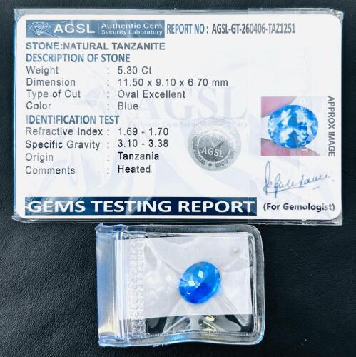 Natural Tanzanite 5.30Ct Oval Blue Gemstone, 11.5x9.1x6.7mm, AGSL Certified, Tanzania