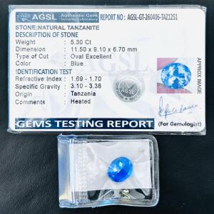 Natural Tanzanite 5.30Ct Oval Blue Gemstone, 11.5x9.1x6.7mm, AGSL Certified, Tanzania