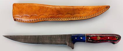 Custom Damascus Steel 13" Fillet Knife, Mosaic Pin Handle, Leather Sheath, Blue/Red Wood