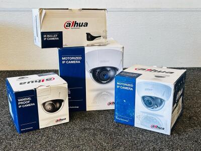 Dahua Technology Security Cameras: (2) Motorized IP Cameras, (1) Candal Proof IP Camera and (1) IR Bullet IP Camera. New In Box Please Inspect