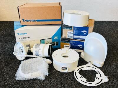 Vivotek Vivocloud Bullet Network Camera, (2) Dahua Camera Mounts, Junction Box Fitting, and Vivotek AM-71B_V01 Conduit Box (All Items Are New Please Inspect)