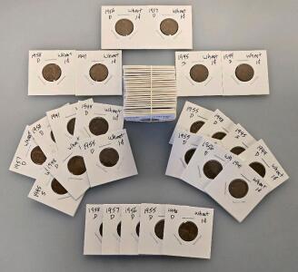 Lot of 50 Lincoln Wheat Cents (1941&ndash;1958), Denver & San Francisco Mint Marks, Circulated Coins