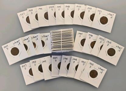 Lincoln Wheat Cent Collection &ndash; 1940s & 1950s, S & D Mints, 50 Coins, Individually Sleeved