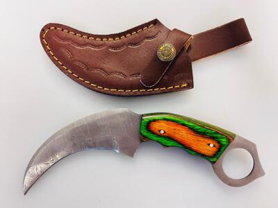 Damascus Steel Karambit Knife, 4" Blade, Custom Dyed Wood Handle, Leather Sheath