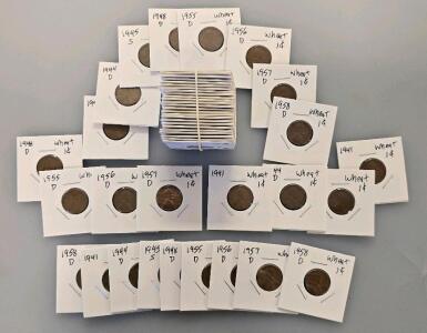 1941&ndash;1958 Lincoln Wheat Cents, 50 Coins, Mixed Mint Marks, Individually Holdered