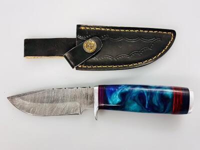 Custom Damascus Fixed Blade Knife, 4.25" Drop Point, Blue Resin/Wood Hybrid Handle, Leather Sheath