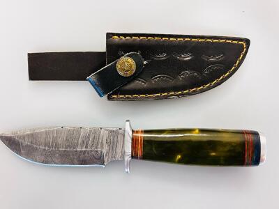 Damascus Pattern Hunting Knife, Resin Handle, Drop Point 4-5" Blade, Tooled Leather Sheath