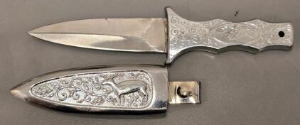 Ornate Decorative Fixed-Blade Knife, Engraved Deer Motif, Metal Handle & Sheath, 7" Overall