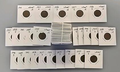 Lot of 50 Lincoln Wheat Pennies &mdash; 1941-1958, D & S Mint Marks, 95% Copper, Various Years