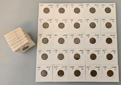 Lincoln Wheat Cent Collection, 50 Coins, 1941&ndash;1958, D/S/P Mints, Circulated, VG&ndash;Fine