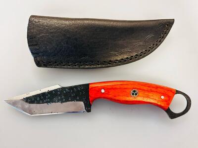 Custom Fixed Blade Tanto Knife with Red Wood Handle and Leather Sheath