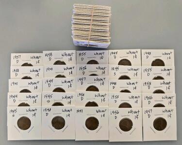 Lincoln Wheat Cents Lot, 50 Coins, Circulated, 1941-1958, D & S Mint Marks, 2x2 Card Holders