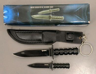 Tomahawk Mini Survival Knife Set&mdash;2 Knives (5" & 3.5"), Black, Sheath & Keychain, Boxed