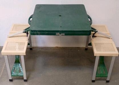 Folding Picnic Table With Benches, Seats 4, Green Tabletop, Beige Benches, Portable Design