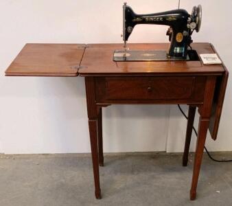 Singer Model 66 Electric Sewing Machine, 1928, with Wooden Cabinet