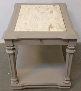 Marble Top Side Table with Pull-Out Tray and Lower Shelf, Light Gray Finish