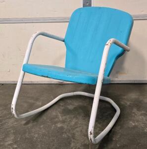 Vintage Metal Cantilever Patio Chair, Clamshell Design, Blue Seat/Back, White Frame, Mid-Century Style