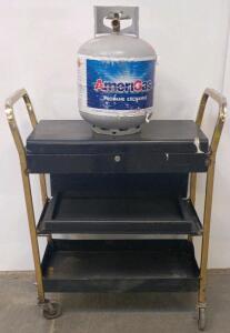 Vintage Industrial Rolling Utility Cart with Locking Top Compartment, 3 Shelves, Metal Frame & Interchangeable Propane Tank