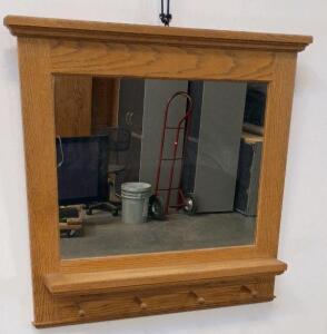 Oak Wall Entry Mirror with Shelf and 4 Coat Hooks, Medium Brown Finish, Mirror Is In Great Condition