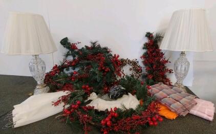 Pair Of Vintage Cut Crystal Table Lamps With Pleated Shades, Holiday Garland, Sewing Fabric
