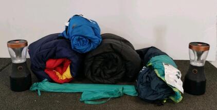 Camping Set: 4-Person Dome Tent, 3 Sleeping Bags, 2 Duracell Lanterns, Stakes, Poles, Bags