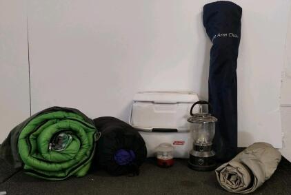 Camping Gear Bundle: Coleman Cooler, Dorcy Lantern, Folding Chair, Sleeping Bags, Intex Air Mattress Twin