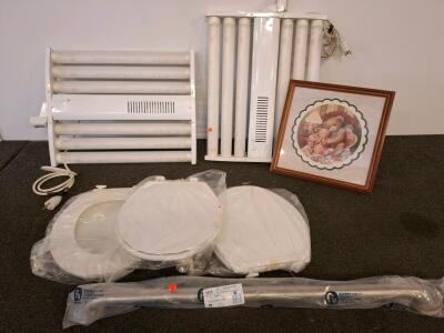 Franklin Brass 36" Stainless Grab Bar, 2 Commercial 480V Lights, Toilet Seats, Framed Bear Art