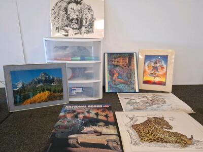 Collection Of Art Prints, Posters, Photograph, And Framed Jigsaw Puzzle, Small Plastic Drawers With Party Supplies