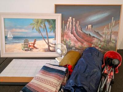 Lightweight Pink Umbrella Stroller, Large Wall Art, Calendar Corkboard 35x23, Small Fan, Air Mattress & More