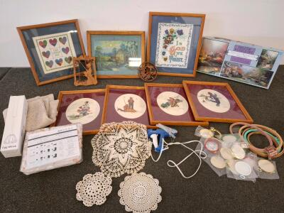 Framed Embroidery, Puzzle Set, Dowell Glue Gun, Hoops, Doilies, Decor, And More