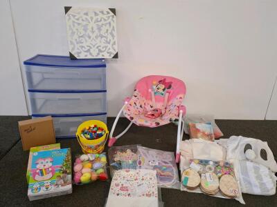 Disney Minnie Mouse Baby Bouncer Seat, Pink, Plastic Dresser, Easter decor, Legos, And More