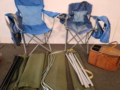 2 Military-Style Folding Camping Cots, Aluminum Frame, 2 Camping Chairs, And Picnic Basket
