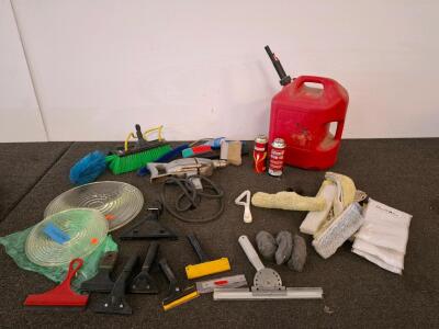 Window Cleaning Tool With Vintage Corded Drill, 2 Fresnel Lenses, Squeegees, Brushes, Gas Can 6 Gallon