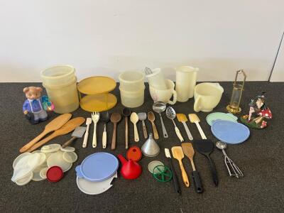Vintage Kitchen Utensils, Tupperware Containers, Wooden Spoons, Witch & Bear Figurines, And Sand Timer