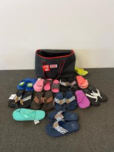 15 OP Flip-Flops Sandals In Mixed Colors And Styles With WinCo Foods Insulated Tote Bag