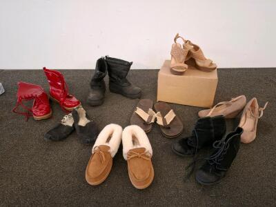 Women's Shoes And Boots, Size Range From 6 to 7, Black Snow Boots Size 4, And A Pair Of Men's Flip Flops Size Unknown